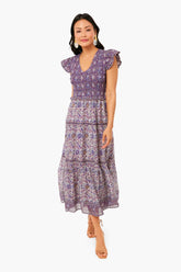 Exclusive Purple Rosita Border Smocked Midi Dress